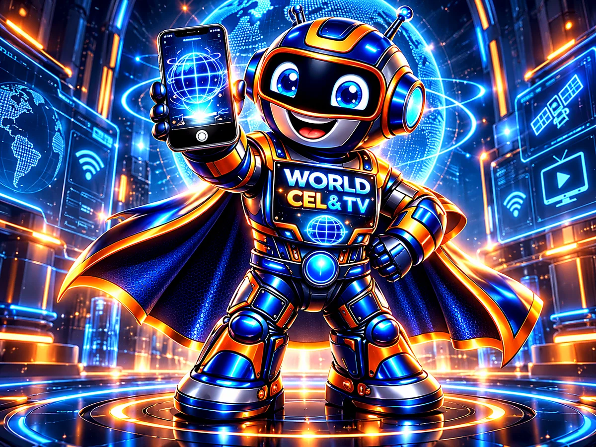 Robot mascota de World Cel & TV con capa, mostrando un celular